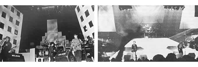 Soda Stereo. Izquierda: escenografía montada para la presentación de «Nada Personal». Derecha: escenario piramidal usado en la presentaciones del Gran Rex 91. 