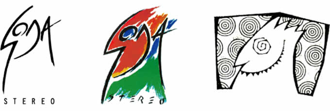 Soda Stereo. De izquierda a derecha, logos de los discos: «Doble vida» (1988) y «Languis» (1989) e isotipo del «Club de la furia».