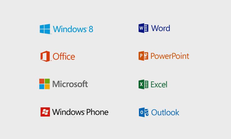 La marca gráfica de Microsoft se diluye en el contexto de las marcas de sus productos, como si fuese un producto más.