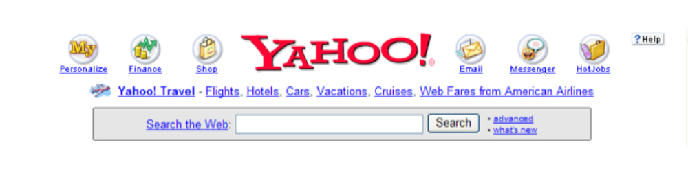 Antiguo encabezado de Yahoo en el que puede observarse el logotipo anterior, en color rojo, con una sombra plana
