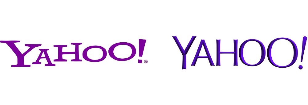 Logotipo anterior de Yahoo a la izquierda, sin sombra y en color púrpura. A su lado, un poco más azulado, el nuevo logotipo