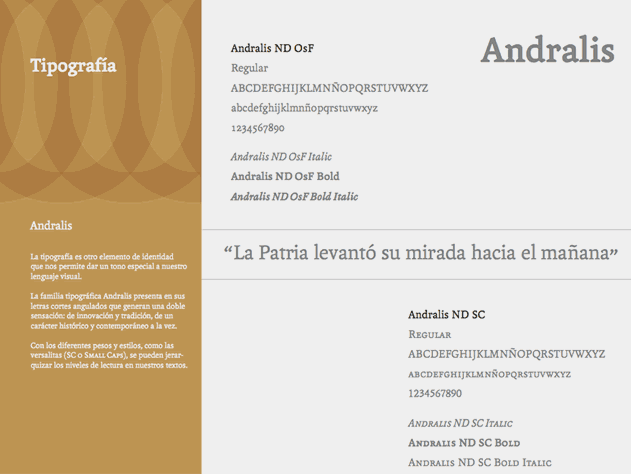 Página del Manual de Identidad. Tipografía institucional Andralis.