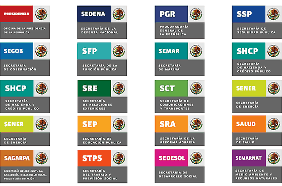 Identidad institucional para el Gobierno de México, 2006. Sistema cromático para las 19 dependencias de gobierno.