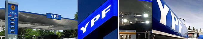 Ejemplos de uso del logotipo actual de YPF, rediseñado por el Estudio Fontana