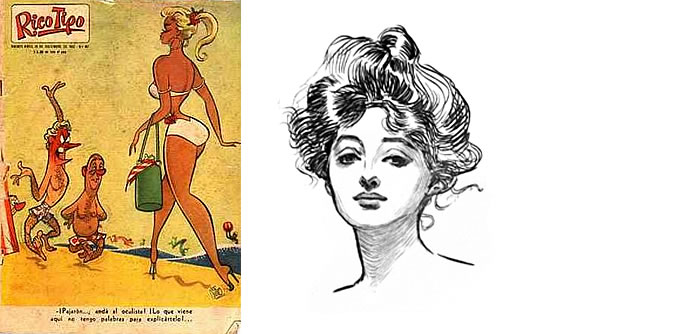 Una chica típica de Divito (1914-1969), en la revista Rico Tipo. Una mujer prototípica de Dana Gibson (1867- 1944).