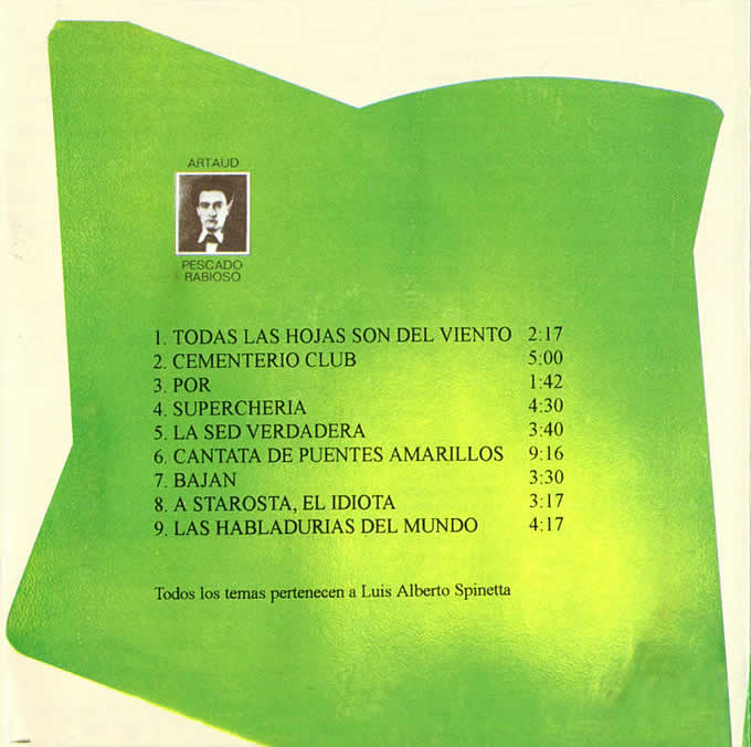 Contracubierta del disco «Artaud» de Pescado Rabioso (Grupo de Spinetta)