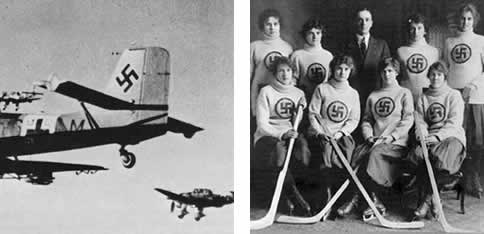¿Las ocho mujeres del Edmonton Swastikas Hockey Team de 1916 tienen en el pecho un símbolo racista o el Stuka de la izquierda tiene un símbolo deportivo?: Ni lo uno ni lo otro.
