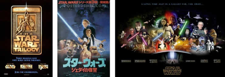 Afiche conmemorativo del aniversario de la Trilogía, afiche japonés de «El regreso del Jedi» y afiche de la «Familia galáctica».