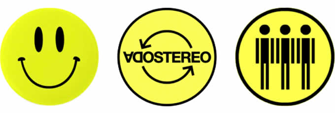 Soda Stereo. De izquierda a derecha: «Smiley» y último logo oficial de la banda utilizado durante la gira «Me verás volver» (2007).