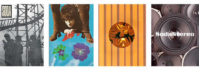 Soda Stereo. De izquierda a derecha, detalles de pressbooks: «Signos», «Canción animal», «Dynamo» y «Sueño Stereo».