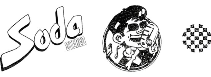 Soda Stereo. Primer logo oficial, mascota «Sodino» (utilizada durante la primera etapa de la banda) y trama que aparecía en el bombo de la batería y en una remera usada por Charly Alberti.