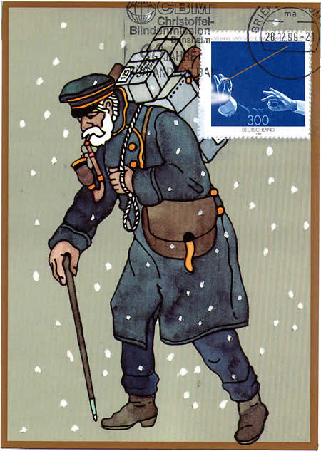 El cartero abnegado ¿especie en extinción? 500 años del correo en Alemania (1490-1990). «Jubiläum Postkarten», Deutschen Postreklame. Diseño: Peter Steiner, Stuttgart, 1989.