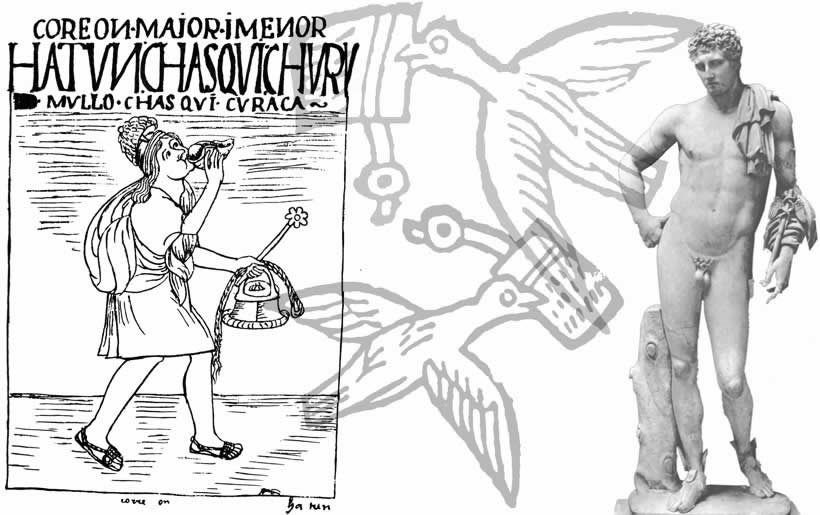 Chaski, dibujo a pluma de Guaman Poma de Ayala, circa 1615 (izq.); detalle de una xilografía de un incunable alemán mostrando palomas mensajeras de Siria,1481 (centro); Hermes mensajero de los dioses, atribuido a Praxíteles, mediados del siglo 4 a.C. (der.).