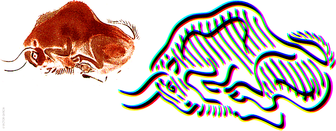 Bisonte de Altamira, Paleolítico Superior, autor anónimo, 15.000-10.000 AC (a la izquierda). Bisonte tipográfico, fuente: «Ole Torero», pictotipos caligráficos. Diseño: Víctor García, 2004 (a la derecha).