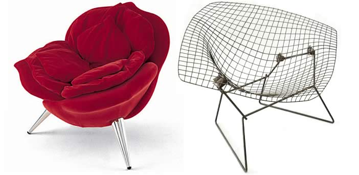 Silla Rose para Edra (1991, Masanori Umeda) y silla Modelo No.421 LU Diamond para Knoll International (1950-52, Harry Bertoia). 